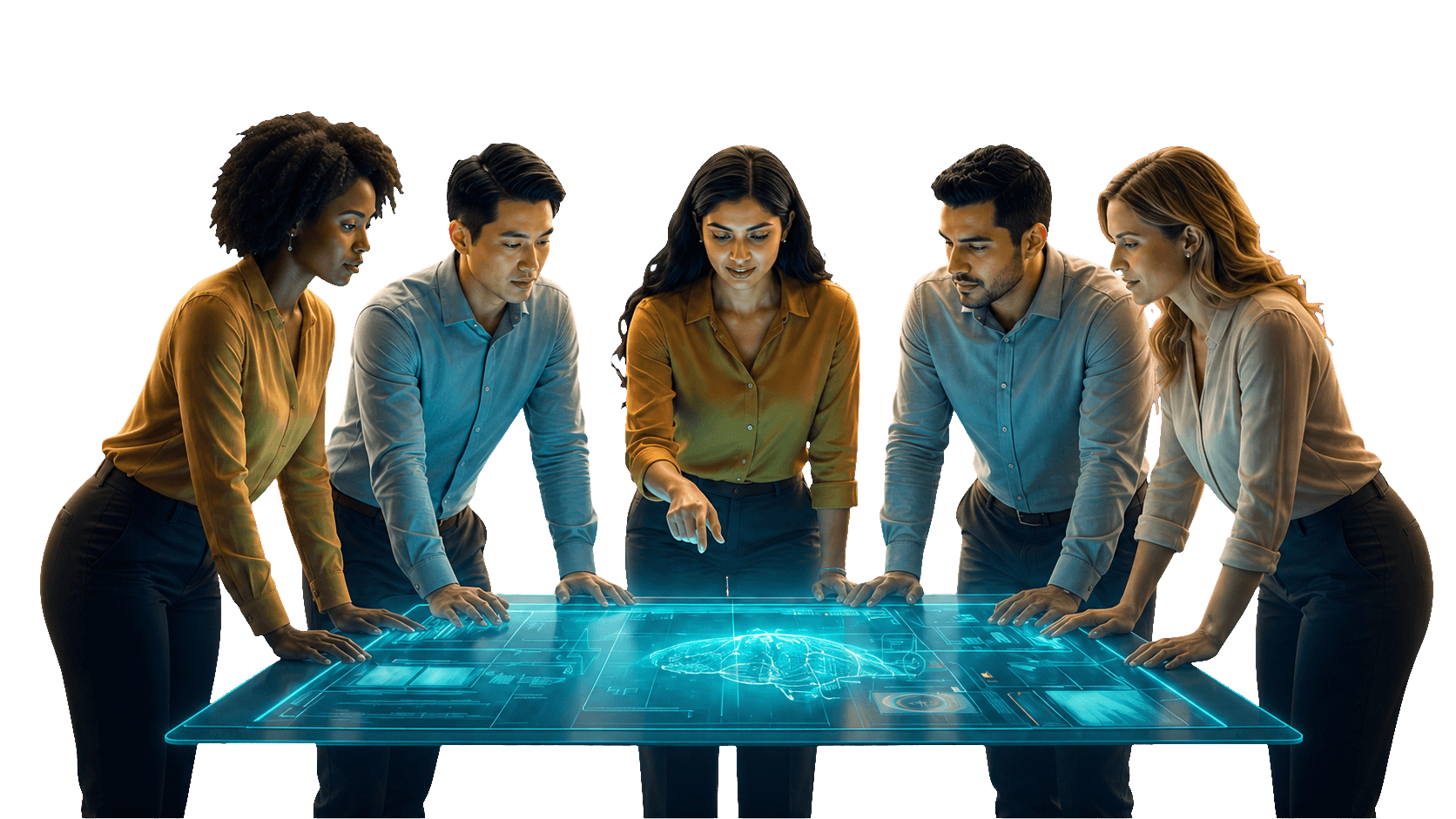 A diverse senior team collaborating around a luminous AI interface
